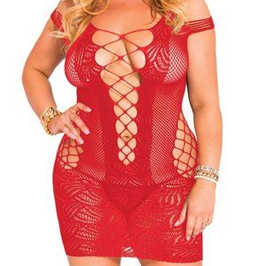 Plus Size Mesh Hollow-out Mini Chemise Dress